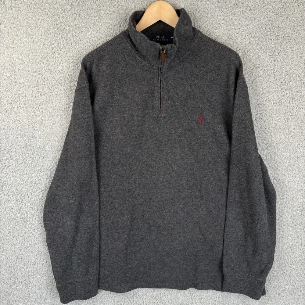 Polo Ralph Lauren Sweater Mens XL‎ Gray Mock Neck 1/4 Zip Knit Cotton Blue Pony